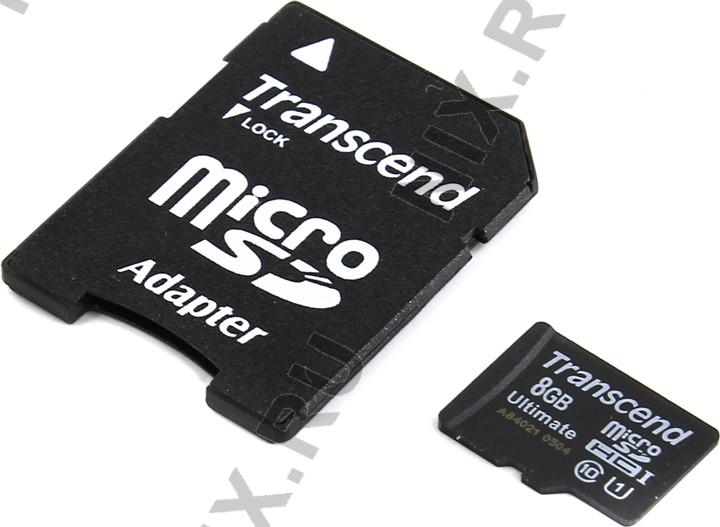 Transcend TS8GUSDHC10U1 microSDHC Memory Card 8Gb Class10 + microSD--SD Adapter