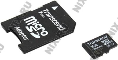 Transcend TS16GUSDHC10U1 microSDHC Memory Card 16Gb UHS-I Class10 + microSD--SD Adapter