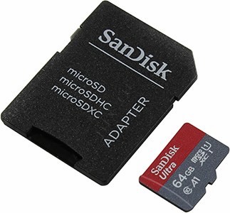 SanDisk Ultra SDSQUAR-064G-GN6TA microSDXC Memory Card 64Gb UHS-I U1 Class10 + microSD-- SD Adapter