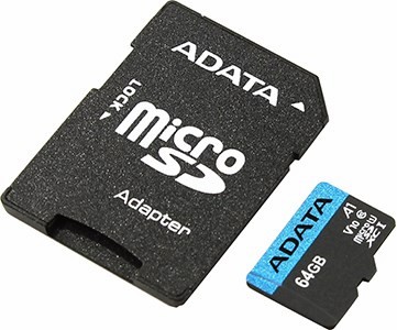 ADATA Premier AUSDX64GUICL10A1-RA1 microSDXC Memory Card 64Gb A1 V10 UHS-I U1 + microSD--SD Adapter