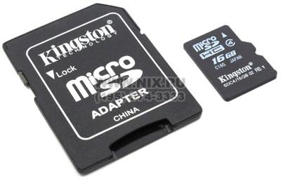 Kingston SDC4/16GB microSDHC Memory Card 16Gb Class4 + microSD--SD Adapter