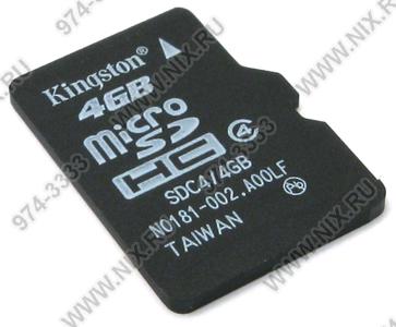 Kingston SDC4/4GBSP microSDHC Memory Card 4Gb Class4