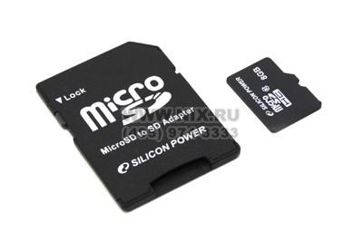 Silicon Power SP008GBSTH010V10-SP microSDHC Memory Card 8Gb Class10 + microSD--SD Adapter