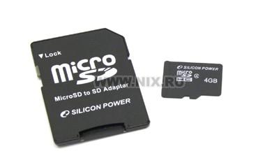 Silicon Power SP004GBSTH004V10-SP microSDHC Memory Card 4Gb Class4 + microSD--SD Adapter