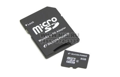 Silicon Power SP008GBSTH004V10-SP microSDHC Memory Card 8Gb Class4 + microSD--SD Adapter