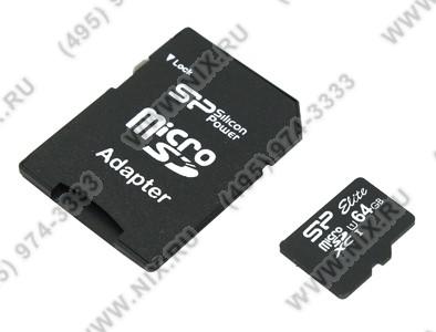 Silicon Power SP064GBSTXBU1V10-SP microSDXC Memory Card 64Gb UHS-I U1 + microSD--SD Adapter
